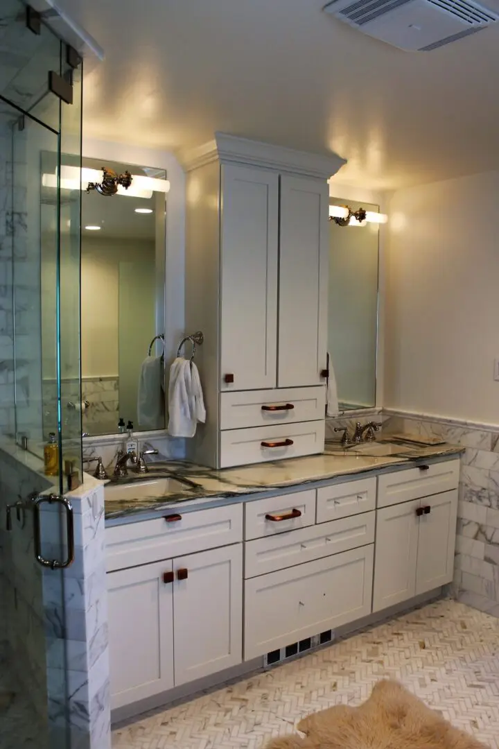 A renovated bathroom’s vanity area